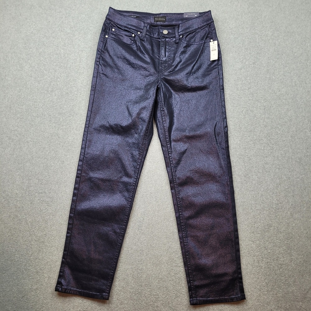 Talbots Slim Straight Ankle Jeans Womens 2 Navy Blue Metallic Coated 58365267
